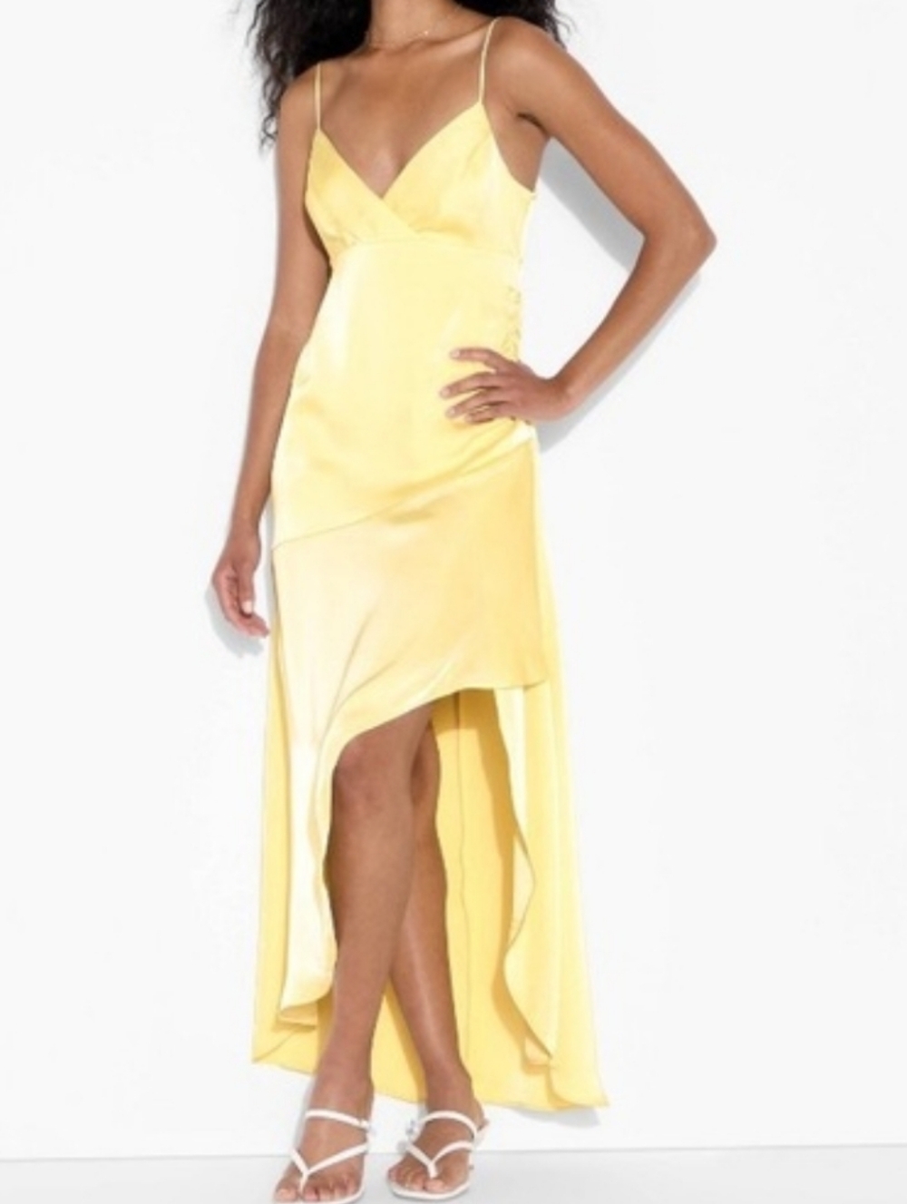 Wild Fable Light Yellow Satin Slip Asymmetrical Ruffle Maxi Dress Size XLarge